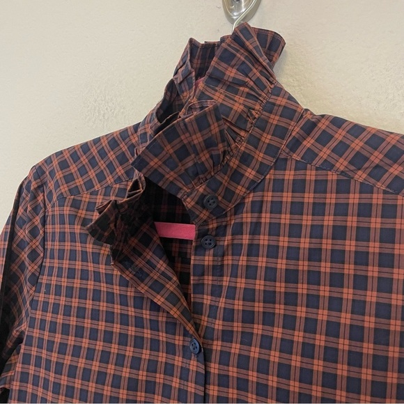 Tuckernuck‎ APOF Navy Plaid Ruffle High Neck Button Down Shirt Size XS - Picture 5 of 9